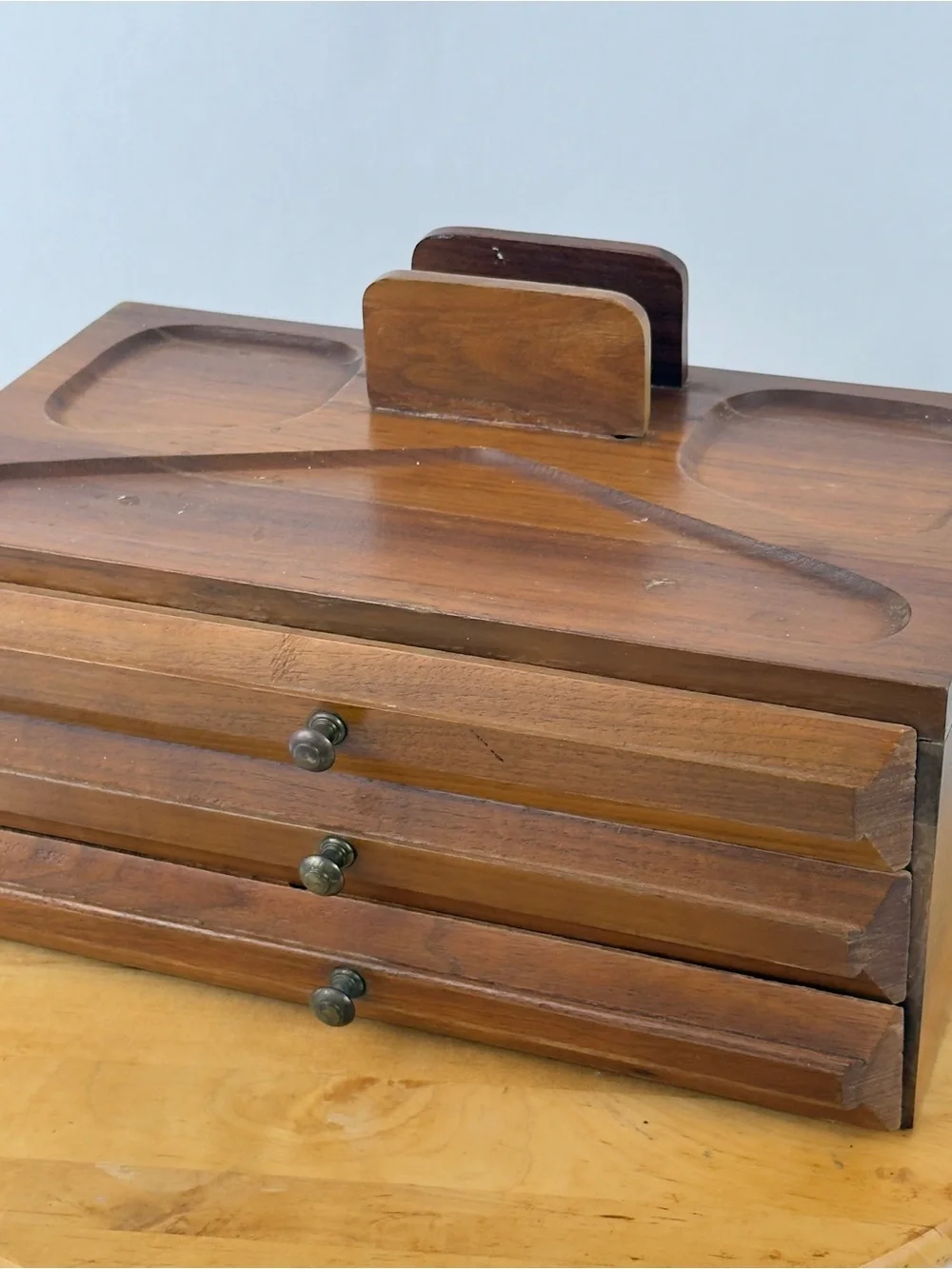 Mid Century Walnut Wood Desk Organizer Jewelry Desk Valet Box w Drawers Catchall